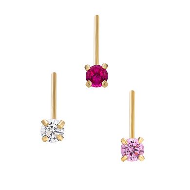 Lila Moon 14k Gold 2 mm Pink Cubic Zirconia L-Shape Nose Stud Set