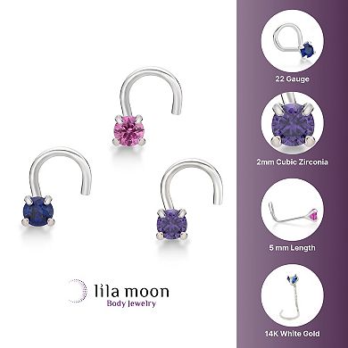 Lila Moon 14k Gold 2 mm Multicolor Cubic Zirconia Curved Nose Stud Set