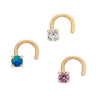 Lila Moon 14k Gold 3-Pair 2 mm Multicolor Cubic Zirconia Curved Nose Stud Set