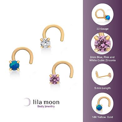 Lila Moon 14k Gold 3-Pair 2 mm Multicolor Cubic Zirconia Curved Nose Stud Set