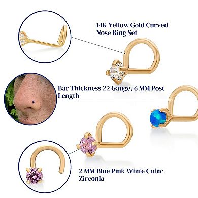 Lila Moon 14k Gold 3-Pair 2 mm Multicolor Cubic Zirconia Curved Nose Stud Set