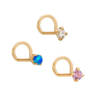Lila Moon 14k Gold 3-Pair 2 mm Multicolor Cubic Zirconia Curved Nose Stud Set