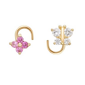 Lila Moon 14k Gold 4 mm Cubic Zirconia Butterfly & Flower Curved Nose Stud Set