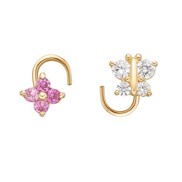 Lila Moon 14k Gold 4 mm Cubic Zirconia Butterfly & Flower Curved Nose Stud  Set