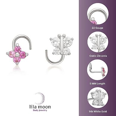 Lila Moon 14k Gold 4 mm Cubic Zirconia Butterfly & Flower Curved Nose Stud Set