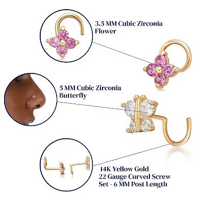 Lila Moon 14k Gold 4 mm Cubic Zirconia Butterfly & Flower Curved Nose Stud Set