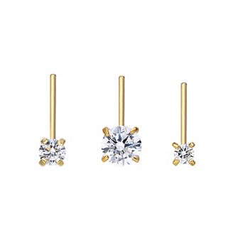 Lila Moon 14K Gold 3-Pair 2mm Cubic Zirconia L-Shaped Nose Stud Set