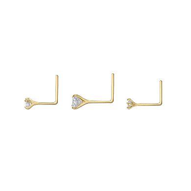 Lila Moon 14K Gold 3-Pair 2mm Cubic Zirconia L-Shaped Nose Stud Set