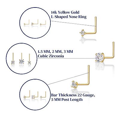 Lila Moon 14K Gold 3-Pair 2mm Cubic Zirconia L-Shaped Nose Stud Set