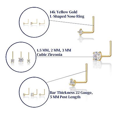 Lila Moon 14K Gold 3-Pair 2mm Cubic Zirconia L-Shaped Nose Stud Set