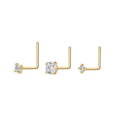 Lila Moon 14K Gold 3-Pair 2mm Cubic Zirconia L-Shaped Nose Stud Set