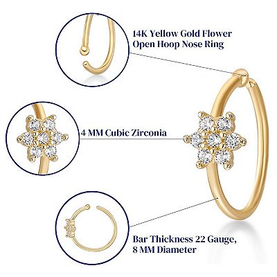Lila Moon 14k Gold Cubic Zirconia Open Hoop Flower Nose Ring