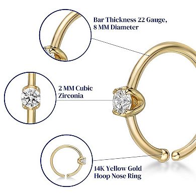 Lila Moon 14k Gold 2 mm Cubic Zirconia Open Hoop Nose Ring