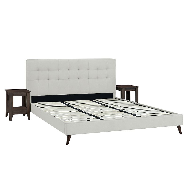 Mid-Century Modern Bed & End Table 3-piece Set, White, King