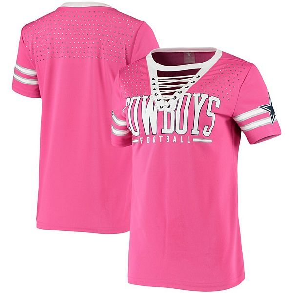 Women's Pink Dallas Cowboys Lace-Up Giselle Rhinestone Jersey T-Shirt