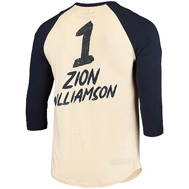 Men's Fanatics Branded Zion Williamson Cream/Navy New Orleans Pelicans Raglan 3/4 Sleeve T-Shirt