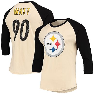 Men's Fanatics Branded T.J. Watt Cream/Black Pittsburgh Steelers Vintage Player Name & Number Raglan 3/4-Sleeve T-Shirt