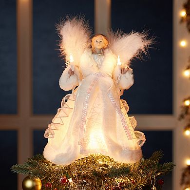 Kurt Adler 10-Light White Faux Fur Angel Christmas Tree Topper