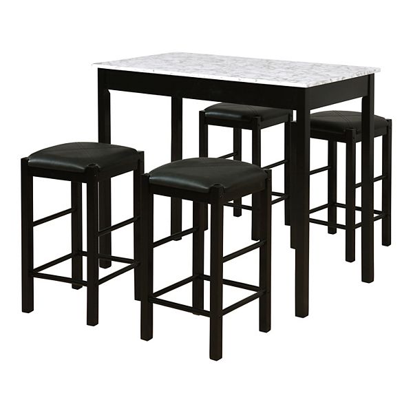 5pc Lancer Faux Leather Backless Stools Tavern Dining Set Black - Linon: Marble Top, Counter Height