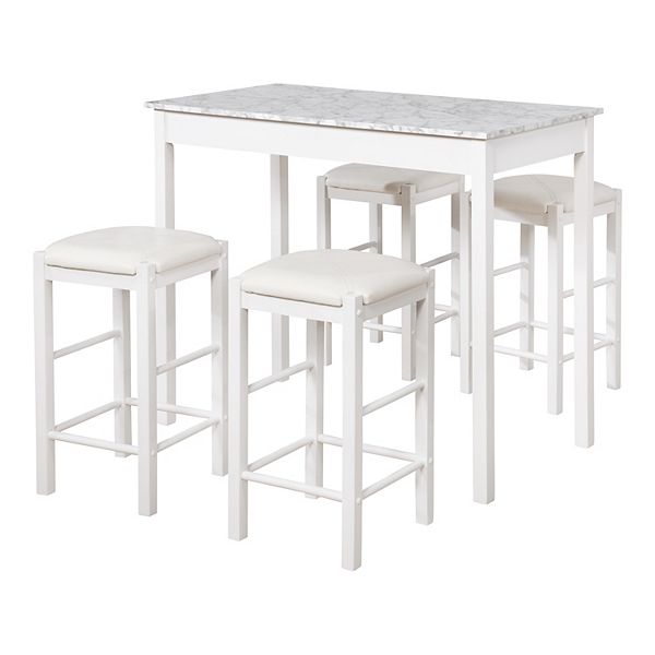 Linon 5pc Lancer Faux Leather Backless Stools Tavern Dining Set White: Rubberwood Frame, Polyester Upholstery