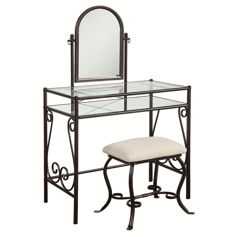 Linon Clarisse Traditional Metal and Glass Shelf TiltingMirror Vanity and Upholstered Stool Brown