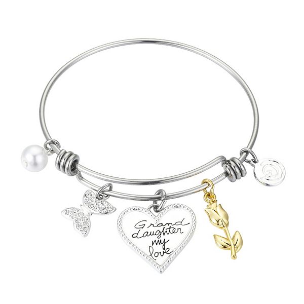 Love This Life® Two Tone Stainless Steel "Granddaughter My Love" Crystal  Butterfly & Flower Bangle Bracelet