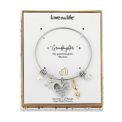 Love This Life Two Tone Stainless Steel Granddaughter My Love Crystal Butterfly Flower Bangle Bracelet