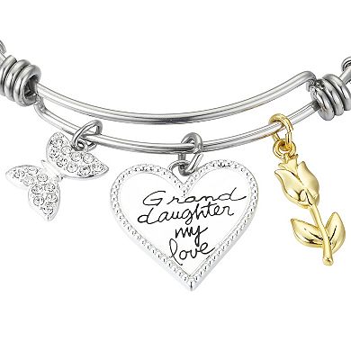 Love This Life Two Tone Stainless Steel "Granddaughter My Love" Crystal Butterfly & Flower Bangle Bracelet