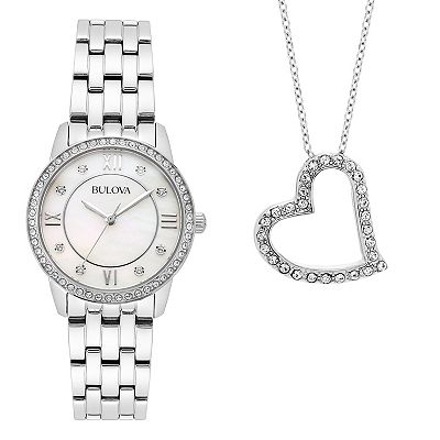 Women s Bulova Crystal Watch Heart Necklace Gift Set 96X155