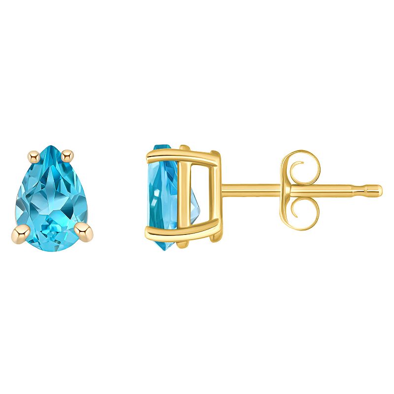 14k Gold Pear Shaped Swiss Blue Topaz Stud Earrings, Womens