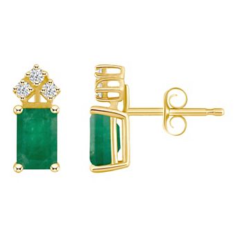 Celebration Gems 14k Gold Emerald Cut Emerald & 1/8 Carat T.W. Diamond Stud Earrings