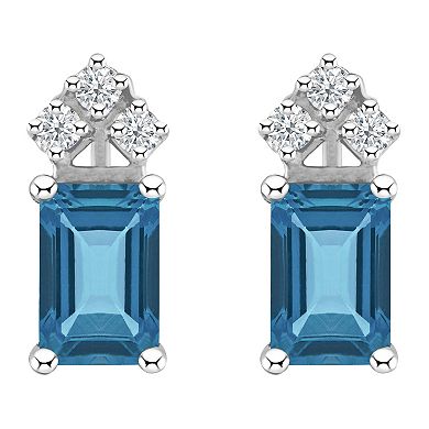 Celebration Gems 14k Gold Emerald Cut London Blue Topaz & 1/8 Carat T.W. Diamond Stud Earrings