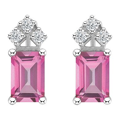 Celebration Gems 14k Gold Emerald Cut Pink Topaz & 1/8 Carat T.W. Diamond Stud Earrings