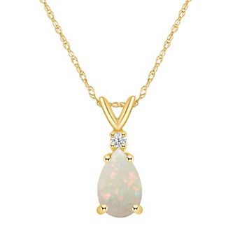Celebration Gems 14k Gold Pear Shaped White Opal & Diamond Accent Pendant Necklace