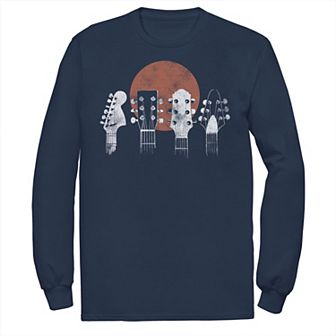 Men's Guitar Head Line Navy Blue And White Pattern Long Sleeve Graphic Tee