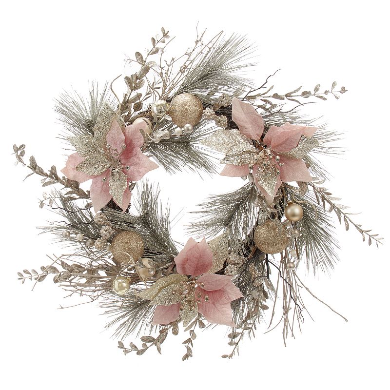 Kurt Adler Champagne Artificial Poinsettia Christmas Ornament Wreath, Multi