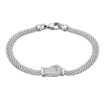 Sterling Silver Cubic Zirconia Belt Buckle Mesh Bracelet