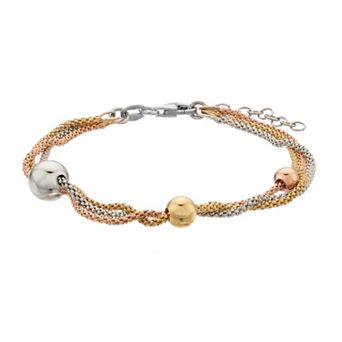Tri-Tone Sterling Silver Triple Strand Beaded Bracelet