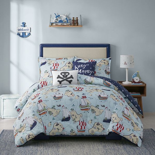 Twin Navy Lush Decor Whale Kids Reversible 4 Piece Quilt Bedding Set with Sham and Decorative Throw Pillows