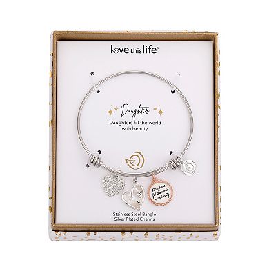 Love This Life® Two Tone Stainless Steel "Daughters Fill the World With Beauty" Rose Heart & Crystal Heart Charm Bangle Bracelet