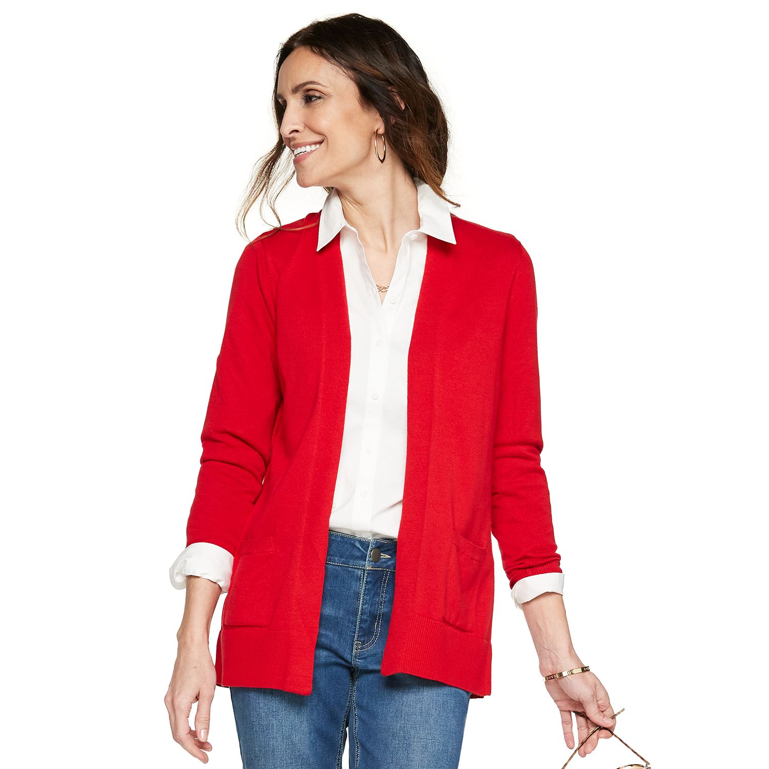 red cardigan womens sweater