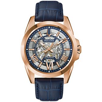 Men's Bulova Blue Leather Strap Automatic Skeleton Watch - 97A161