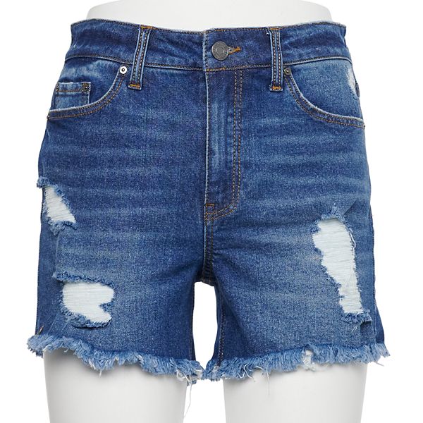 Juniors' Indigo Rein High Rise Frayed Hem Midi Shorts