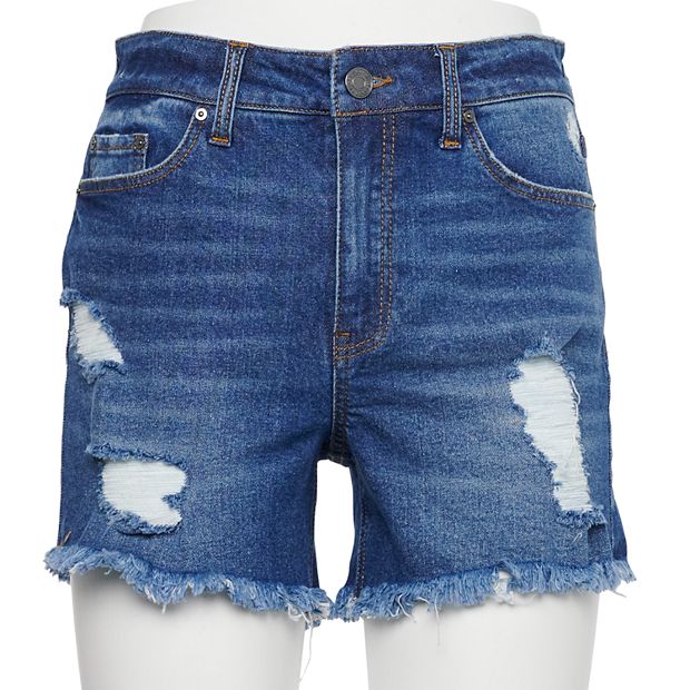 Juniors Indigo Rein High Rise Frayed Hem Midi Shorts