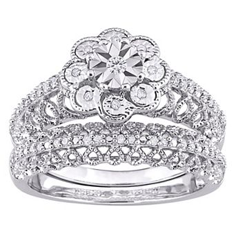 Stella Grace Sterling Silver 1/6 Carat T.W. Diamond Vintage Engagement Ring Set