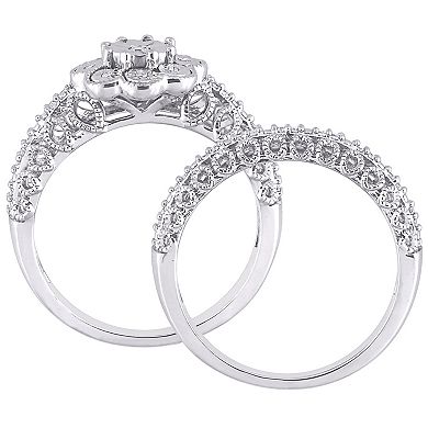 Stella Grace Sterling Silver 1/6 Carat T.W. Diamond Vintage Engagement Ring Set