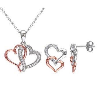 Stella Grace Two Tone Sterling Silver 1/5 Carat T.W. Diamond Linked Heart Earrings & Pendant Necklace Set
