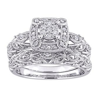 Stella Grace Sterling Silver 1/5 Carat T.W. Diamond Vintage Engagement Ring Set