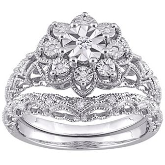 Stella Grace Sterling Silver 1/10 Carat T.W. Diamond Vintage Engagement Ring Set