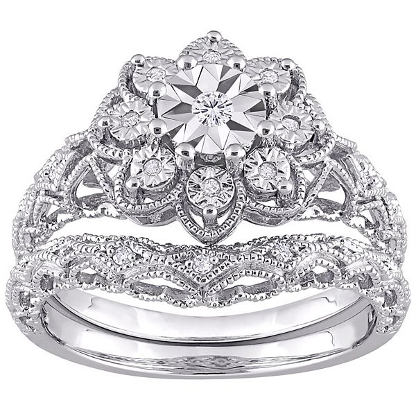 Stella Grace Sterling Silver 1 10 Carat T.W. Diamond Vintage Engagement Ring Set